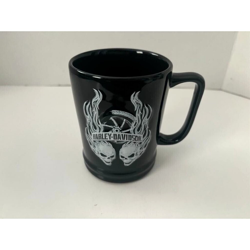 HARLEY DAVIDSON Motorcycles Coffee Mug Raised Flaming Skulls Black 2011